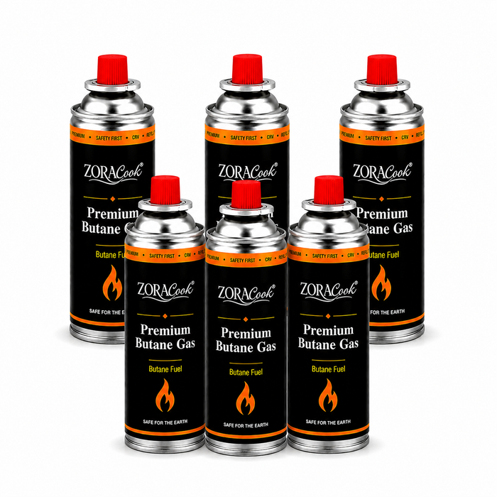 Six ZORACook 225g butane gas canisters arranged in two rows