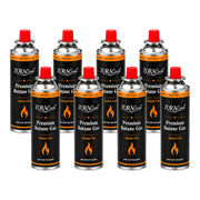 Eight ZORACook 225g butane gas canisters arranged in two rows