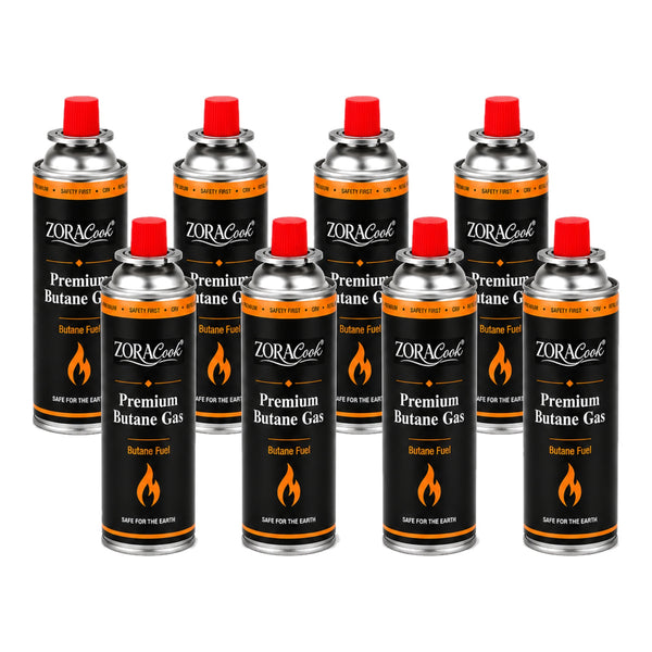 Eight ZORACook 225g butane gas canisters arranged in two rows