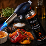 ZORACook Handheld Butane Torch mounted on a butane can, blue flame in use