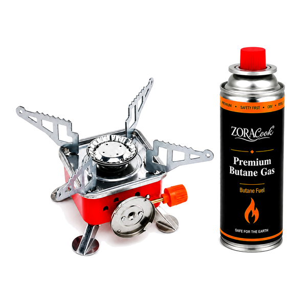 ZORACook Portable Mini Gas Stove with one 225g ZORACook Premium Butane Gas can standing beside it