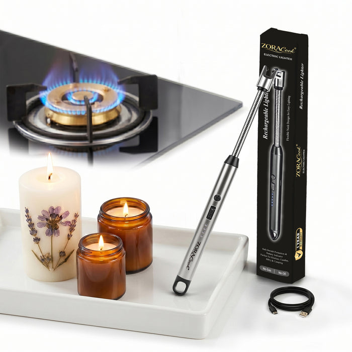 ZORACook Arc BBQ Lighter with its box, a rechargeable electric lighter beside a gas stove and candles