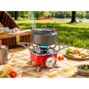 ZORACook Portable Mini Gas Stove boiling a kettle at a picnic