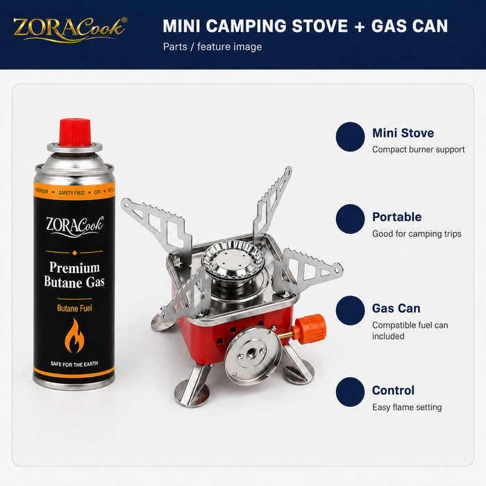 ZoraCook compact camping stove and gas can
