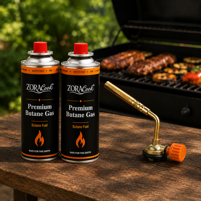 ZORACook burner nozzle with 2 butane gas cans