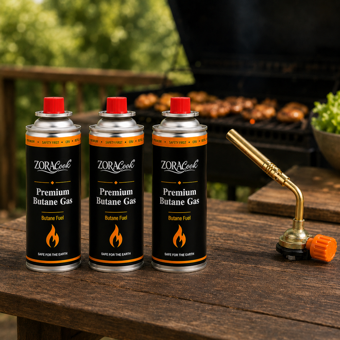 ZORACook burner nozzle with 3 butane gas cans