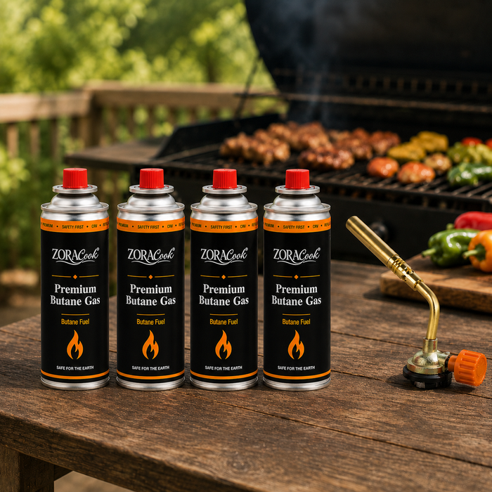 ZORACook burner nozzle with 4 butane gas cans