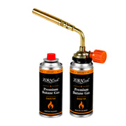 Close-up of the ZORACook burner nozzle locking onto the valve of an upright butane canister