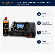 ZoraCook portable stove and gas can features