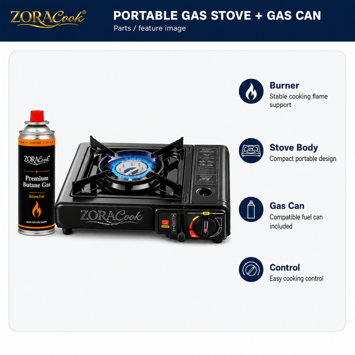 ZoraCook portable stove and gas can features