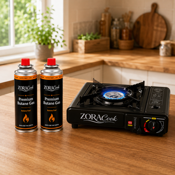 ZORACook Portable Gas Stove with 2 butane gas cans