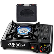 ZORACook Portable Gas Stove with blue flame and its hard carry case
