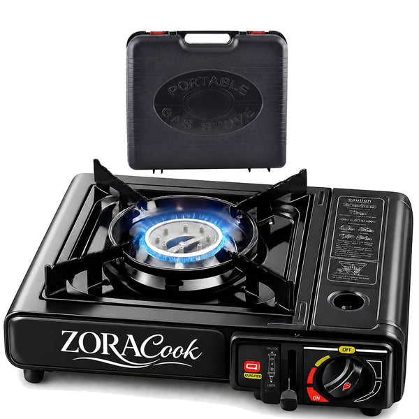 ZORACook Portable Gas Stove with blue flame and its hard carry case