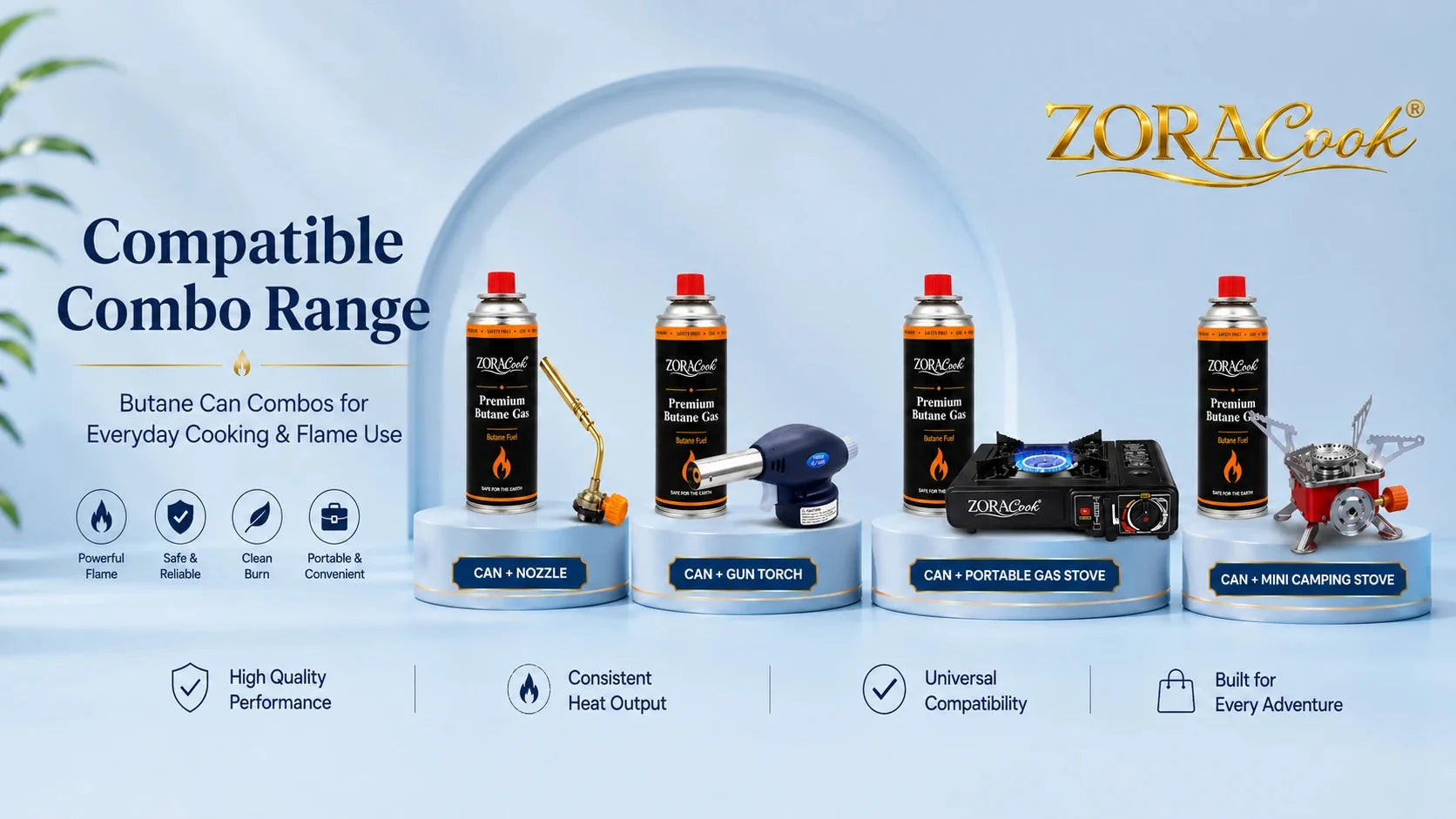 ZORACook compatible combo range — a butane can paired with a refill nozzle, gun torch, portable gas stove or mini camping stove