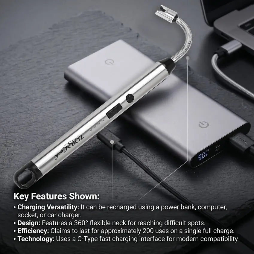 ZoraCook Arc BBQ Lighter — USB Rechargeable | 360° Flexible Neck | Windproof Plasma Arc extra 2