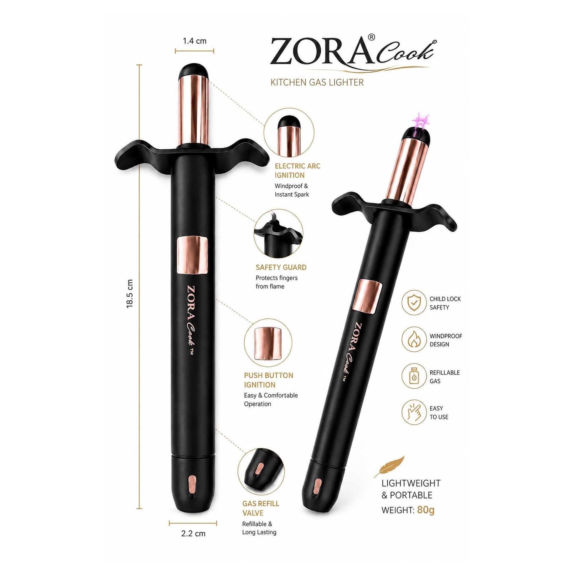 ZoraCook Spark Gas Lighter — Electronic Piezo Ignition | Sleek Black Design | 10,000+ Sparks extra 1